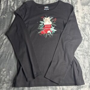 Women's Christmas Black Long Sleeve Kitty Cat Stocking Tee Shirt Top NEW LG